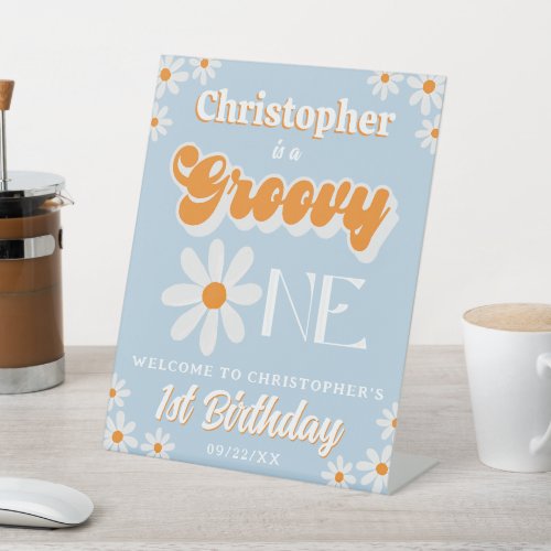 Retro Groovy One Boys 1st Birthday Welcome Pedestal Sign