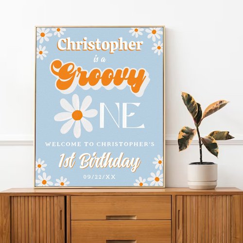Retro Groovy One Boys 1st Birthday Welcome Poster
