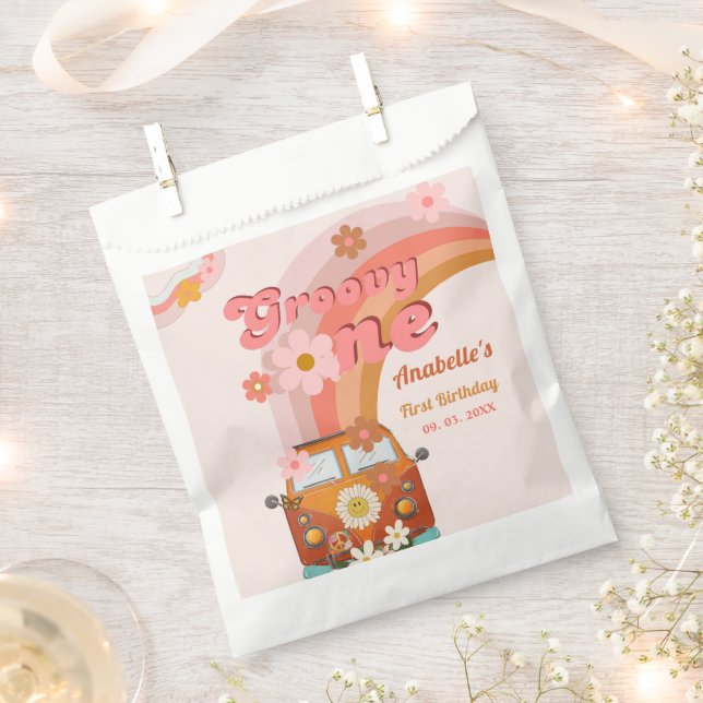 Retro Groovy one Daisy Flower Birthday Party Favor Bag (Clipped)