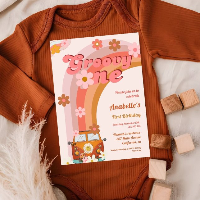 Retro Groovy one Daisy Flower Birthday Party Invitation (Creator Uploaded)