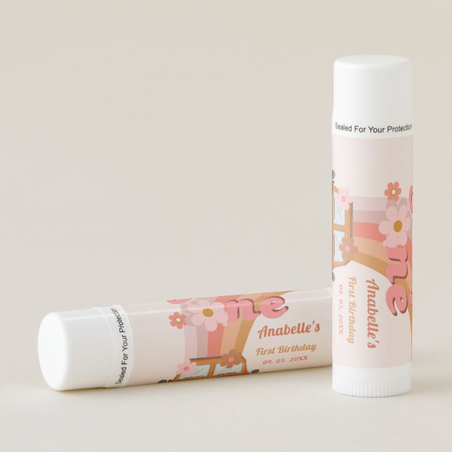 Retro Groovy one Daisy Flower Birthday Party Lip Balm (Front)