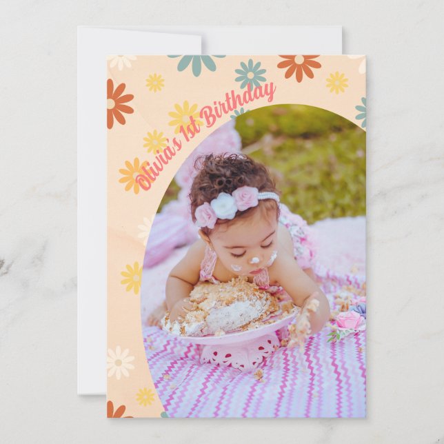 Retro groovy one daisy flower First birthday  Invitation (Front)