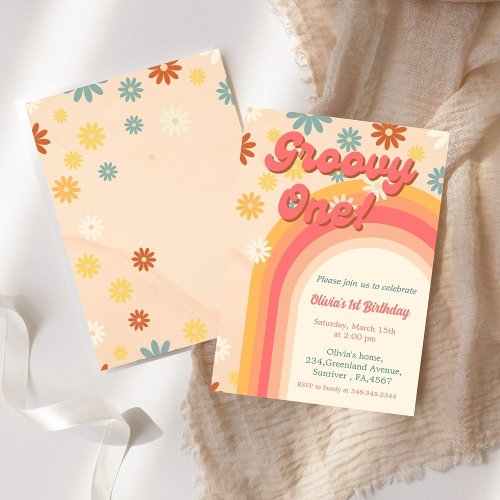 Retro groovy one daisy flower First birthday  Invitation