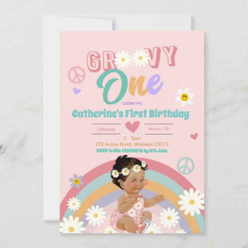 Retro Groovy One Dark Hair First Birthday Invitati Invitation