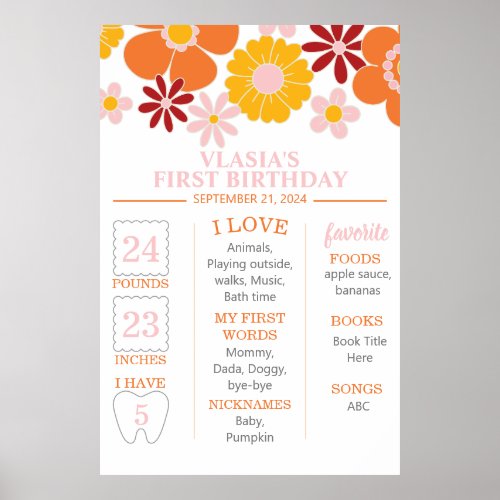 Retro Groovy One Floral First Birthday Milestone Poster