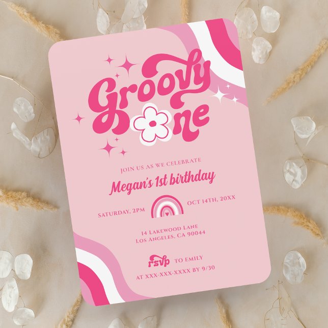 Retro Groovy One Girl 1st Birthday Invitation (Creator Uploaded)