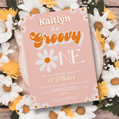 Retro Groovy One Girls 1st Birthday Invitation