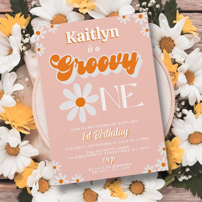 Retro Groovy One Girls 1st Birthday Invitation (Creator Uploaded)
