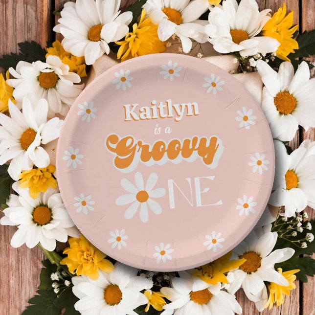 Retro Groovy One Girls 1st Birthday Paper Plates (Creator Uploaded)