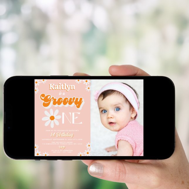 Retro Groovy One Girls 1st Birthday Photo Invitation (Front Digital)