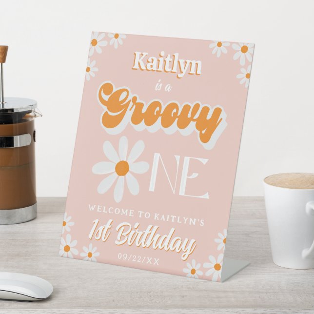 Retro Groovy One Girls 1st Birthday Welcome Pedestal Sign (In SItu)