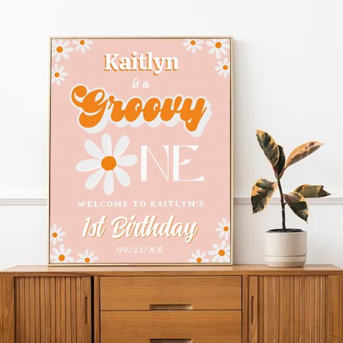 Retro Groovy One Girls 1st Birthday Welcome Poster