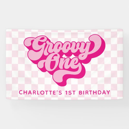Retro Groovy One Pink and White Check Banner