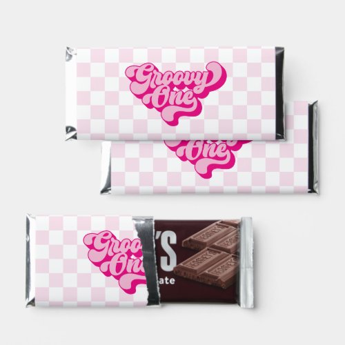 Retro Groovy One Pink and White Check Hershey Bar Favors