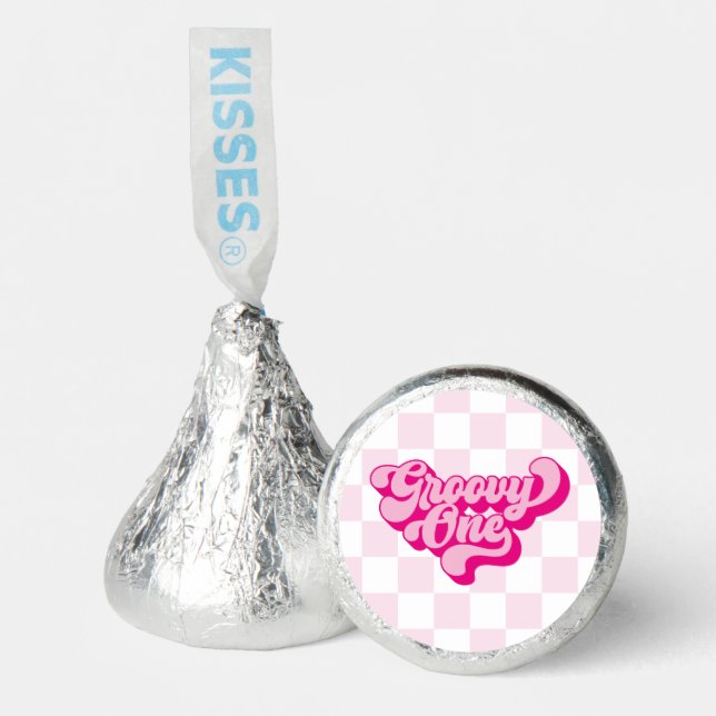 Retro Groovy One Pink and White Check Hershey®'s Kisses® (Front)