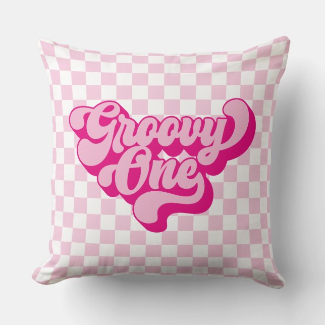 Retro Groovy One Pink and White Check Throw Pillow (Front)