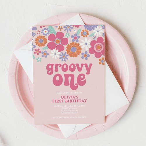 Retro Groovy One Pink Floral Invitation