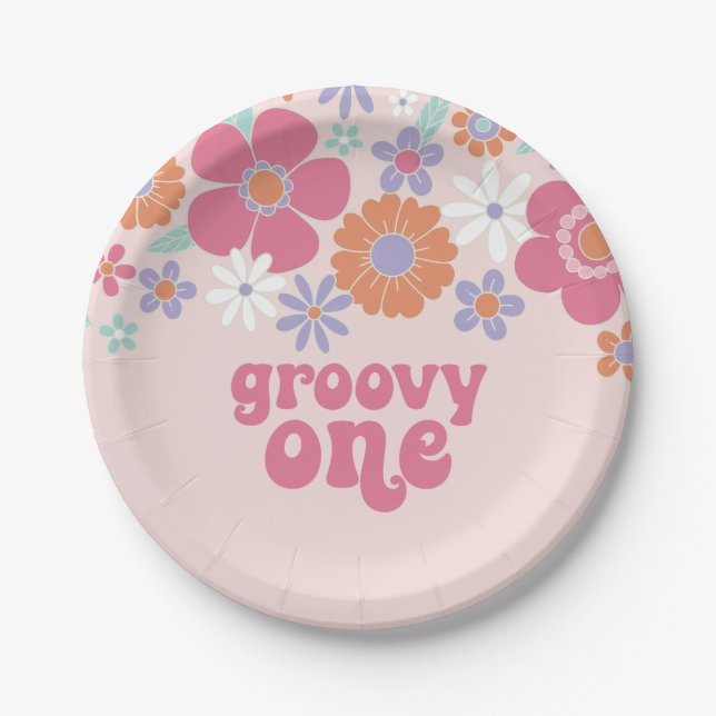 Retro Groovy One Pink Floral Paper Plates (Front)