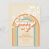 Retro Groovy One Rainbow Brown Orange Birthday Inv Invitation (Front/Back)