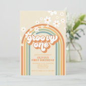 Retro Groovy One Rainbow Brown Orange Birthday Inv Invitation (Standing Front)