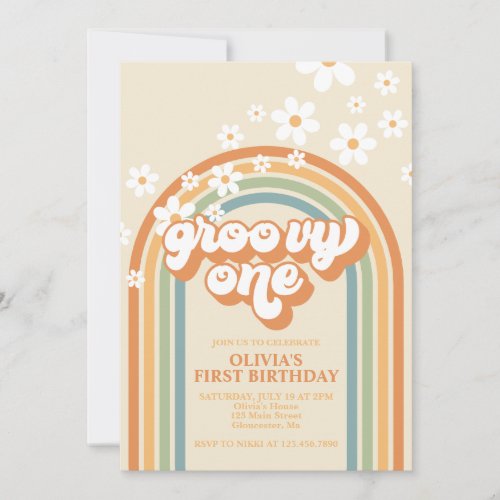 Retro Groovy One Rainbow Brown Orange Birthday Inv Invitation