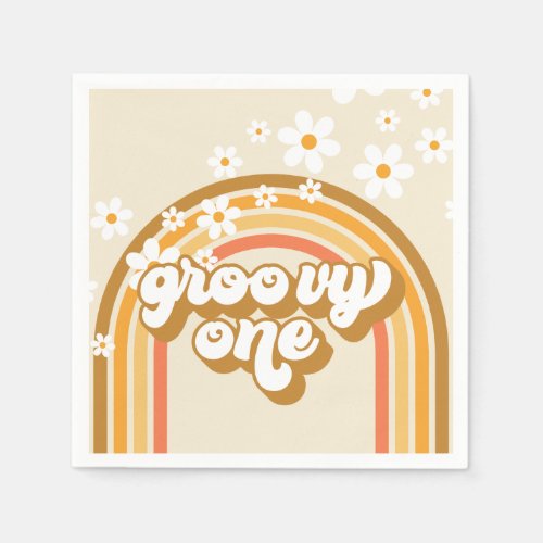Retro Groovy One Rainbow Brown Orange Birthday Pap Napkins