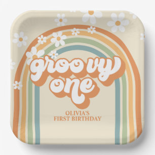 Retro Groovy One Rainbow Brown Orange Birthday Paper Plates