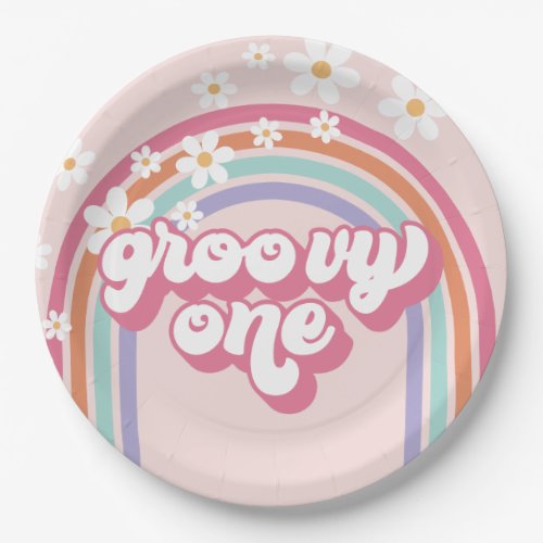 Retro Groovy One Rainbow Pink Paper Plates