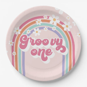 Retro Groovy One Rainbow Pink Paper Plates