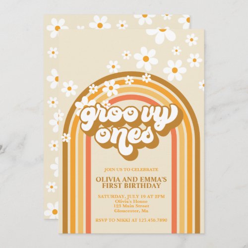 Retro Groovy Ones Rainbow Brown Twin Birthday Invitation