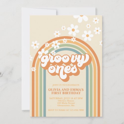 Retro Groovy Ones  Rainbow Twin Birthday Invitation