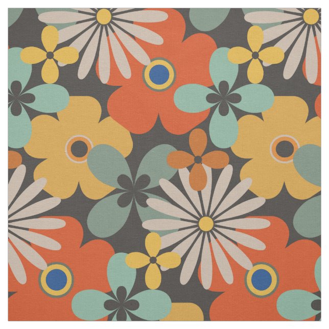 Retro Groovy Orange Brown Gold Floral Fabric (Swatch)