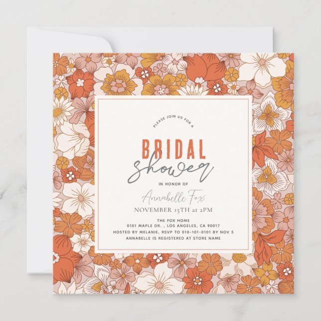Retro Groovy Orange Floral Bridal Shower Invitation (Front)