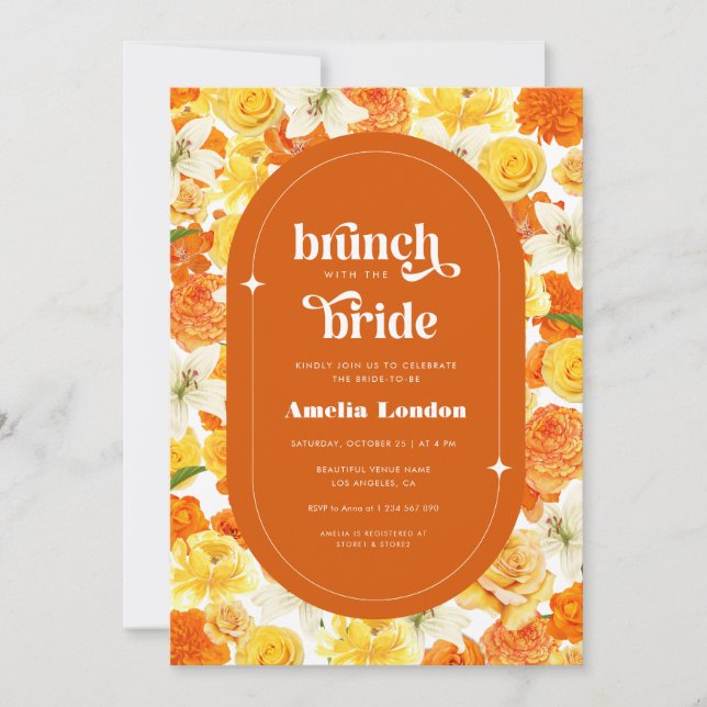 Retro Groovy Orange Floral Brunch with the Bride Invitation (Front)
