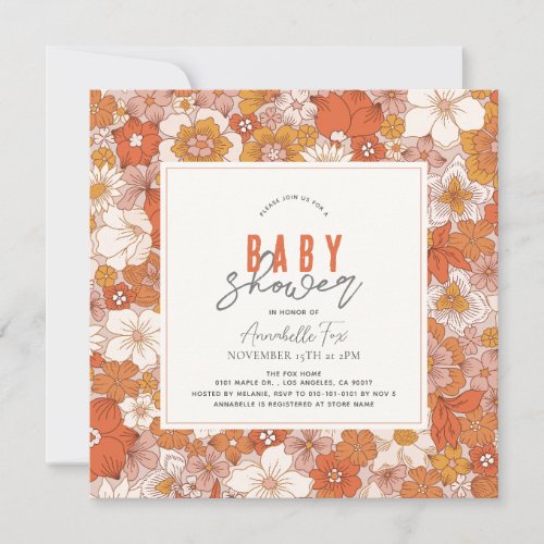 Retro Groovy Orange Floral Girl Baby Shower