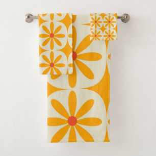Retro Groovy Orange Flowers with Atomic starbursts Bath Towel Set