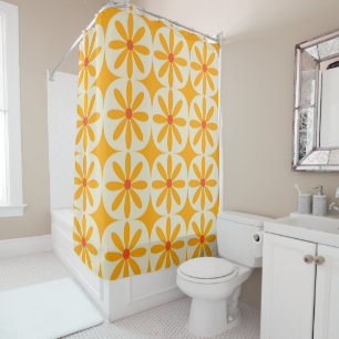 Retro Groovy Orange Flowers with Atomic starbursts Shower Curtain