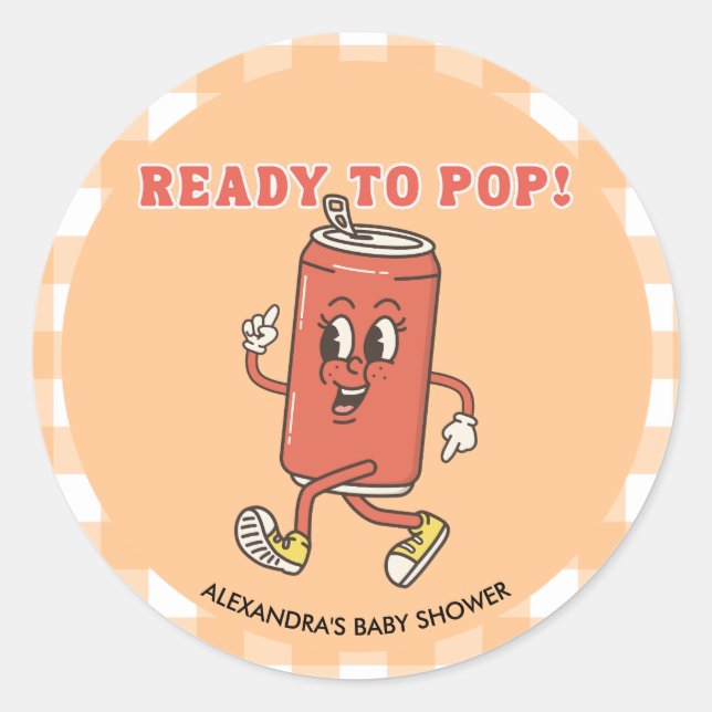 Retro Groovy Orange Gingham Shes Ready To Pop Classic Round Sticker (Front)