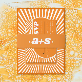 Retro groovy orange initials 70s inspired wedding invitation belly band