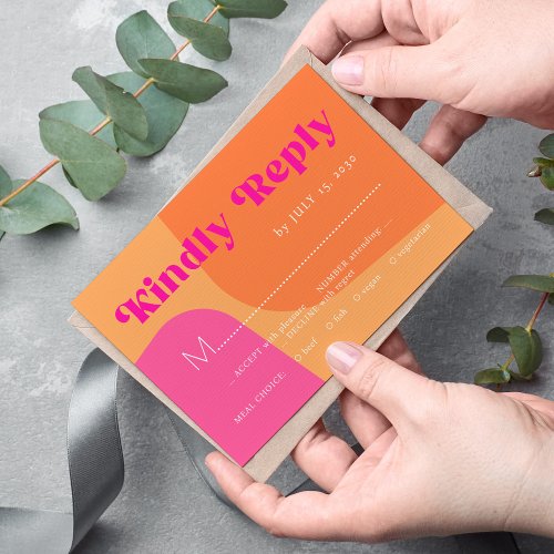 Retro groovy orange pink bold typography wedding RSVP card