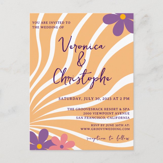 Retro Groovy Orange Purple Floral Wedding Invitation Postcard (Front)