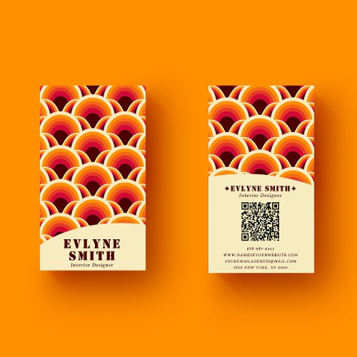 Retro Groovy Orange QR Code 70s Boho Geometric Business Card