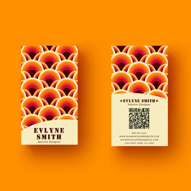 Retro Groovy Orange QR Code 70s Boho Geometric Business Card | Zazzle
