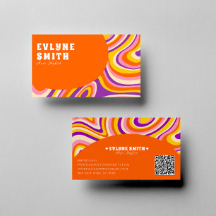 Retro Groovy Orange QR Code 70s Psychedelic Unique Business Card