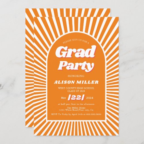 Retro groovy orange sunrays 70s Graduation Invitation