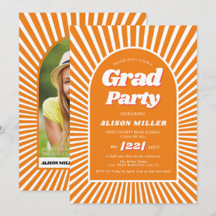 Retro groovy orange sunrays 70s Graduation Invitation