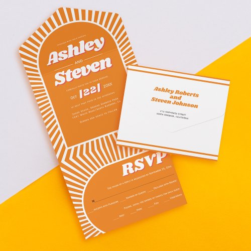 Retro groovy orange sunrays 70s inspired wedding all in one invitation