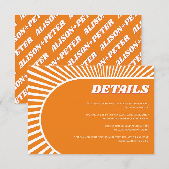 Retro groovy orange sunrays 70s inspired wedding enclosure card (Front/Back)