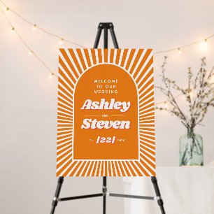 Retro groovy orange sunrays 70s inspired wedding foam board