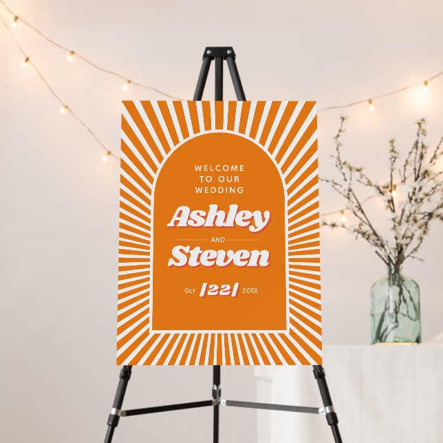 Retro groovy orange sunrays 70s inspired wedding foam board (In Situ (Stand))